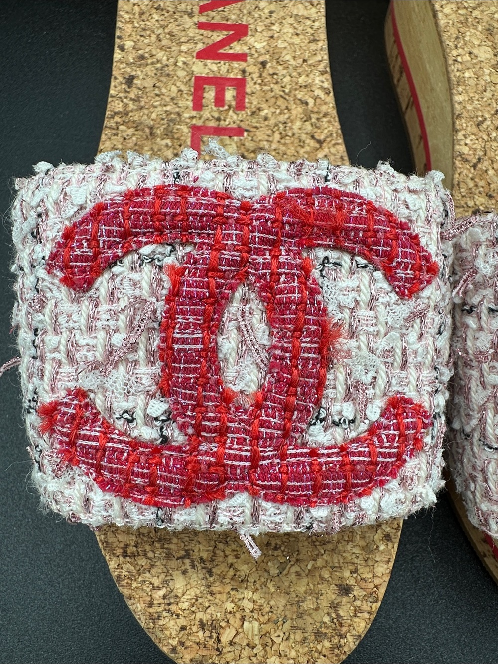 CHANEL Pink Tweed Slide Sandals with Red CC Emblem - Picture 5 of 6